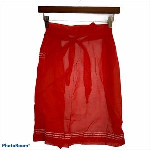VINTAGE Red Chiffon Apron Embroidered Tieback